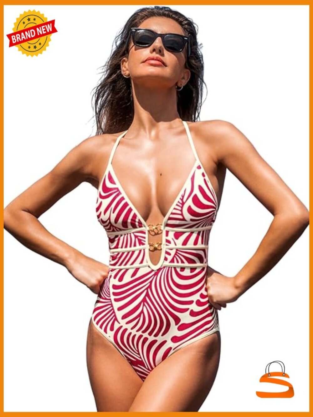One Piece Swimsuit Halter Plunging Neck Cutout Back Adjustable Straps O Ring